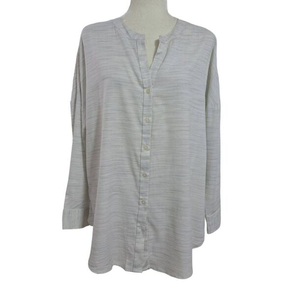 Loft Women's Long Sleeve Heather Grey Ivory Button Up Relax Fit Office Sz Small - Picture 2 of 7